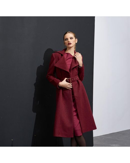 AVENUE No.29 Red Double Breasted Midi Length Wool Coat With Belt