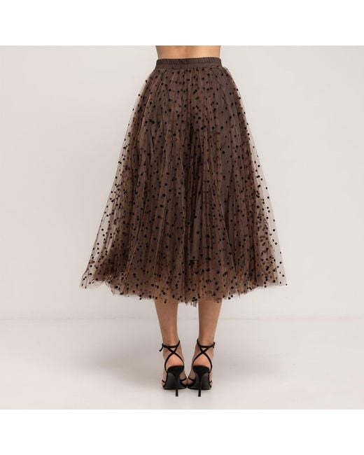 Tantra Spain Sl Brown Polka-Dot Tulle Midi Skirt, A-Line Cut, Elastic Waistband With A Bow