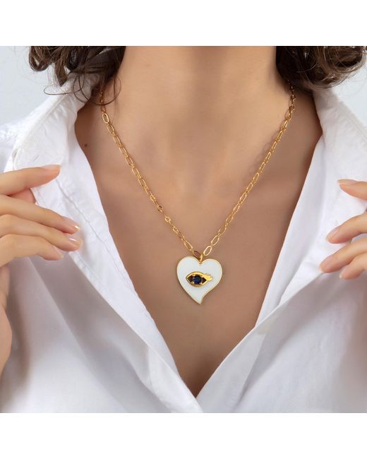 Milou Jewelry White Heart Pendant Necklace With Evil Eye