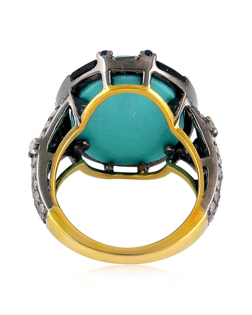 Artisan Carved Turquoise & Blue Sapphire With Onyx And Diamond In 18k Gold & 925 Silver Cocktail Ring