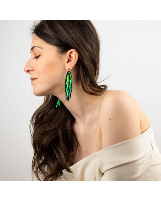 Oana Savu Green Beetle Earrings Long Metallic Natural Recycled Beetle Wings & Earrings