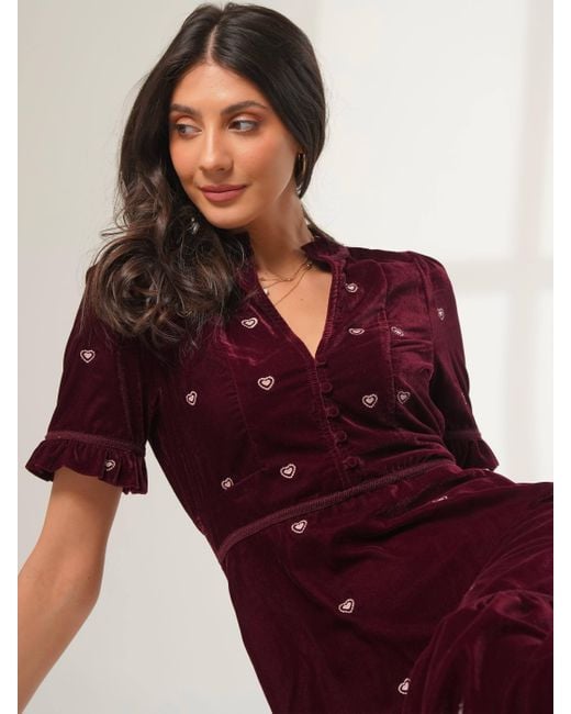 Rose & Nancy Purple Sara Burgundy Heart Embroidered Velvet Dress