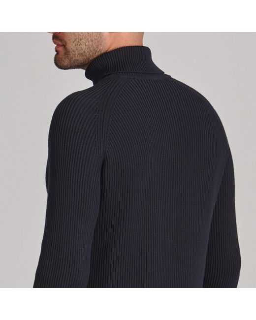 Paul James Knitwear Blue Midweight Cotton Bernard Ribbed Roll Neck Jumper for men