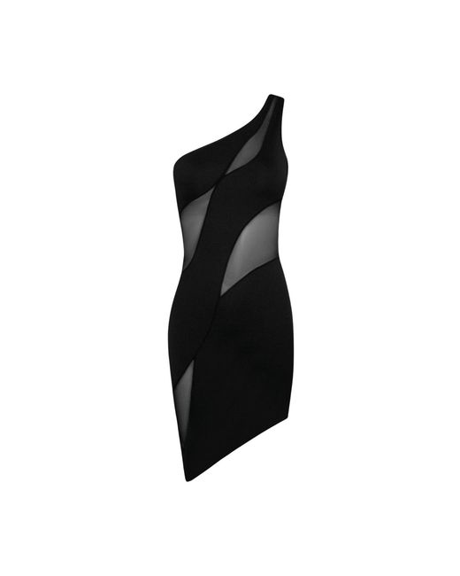 OW Collection Black Curve Asymmetric Mesh Mini Dress