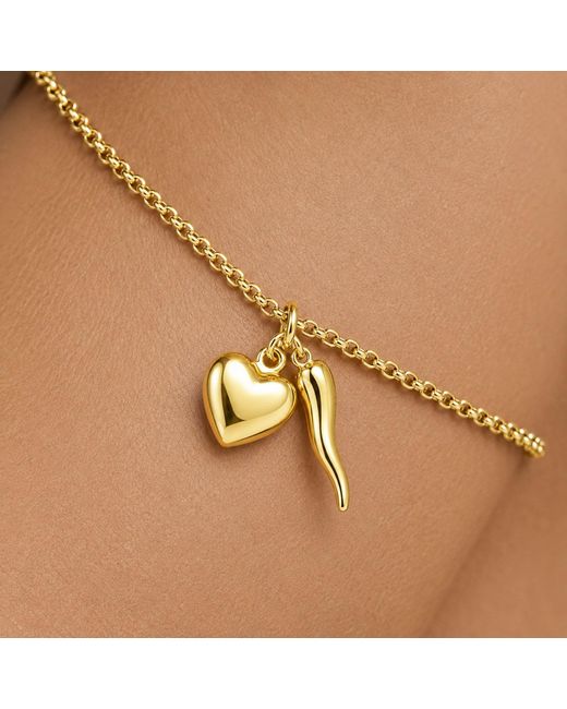 Unaloe Metallic Vermeil Cornicello & Heart Charm Bracelet – Italian Good Luck Jewelry, Handmade Lucky Talisman