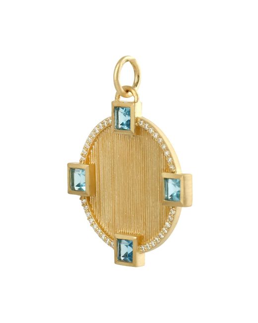 Artisan Metallic Square Blue Topaz Gemstone & Pave Diamond In 14k Yellow Gold Club Charm Pendant