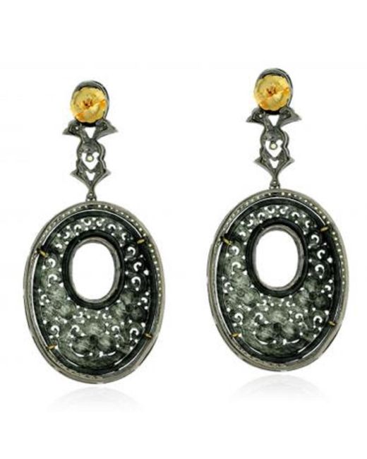 Artisan Green Carved Jade & Yellow Sapphire Pave Diamond Designer Earrings In 18k Gold With Silver