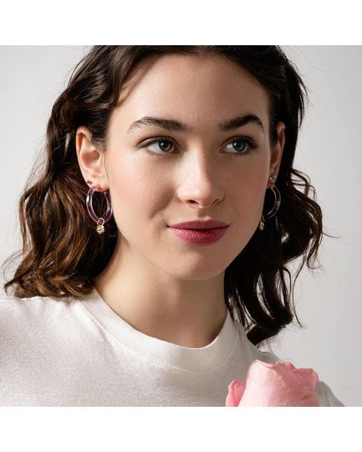 Gold & Honey Pink Flower Charm Hoop Earrings