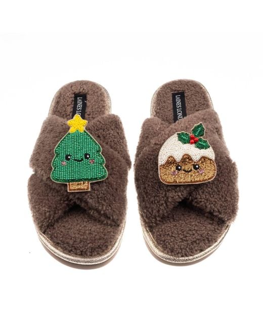 Laines London Brown Neutrals Laines Boucle Slippers With Christmas Lovable Pudding & Tree Brooches