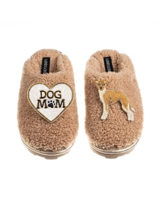 Laines London Natural Neutrals Teddy Closed Toe Slippers With Dog Mum/Mom & Fawn & Greyhound Brooches