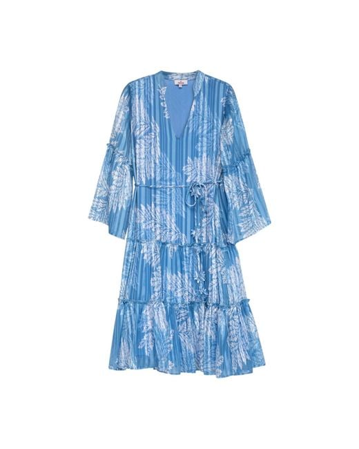 Niza Blue Floral Print Straight Dress With Short Sleeves