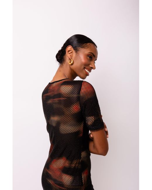 Amy Lynn White Lisbon Rhinestone Embellished Abstract Mesh Midi Dress