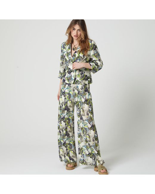 Lalipop Design Green Wide Pleated Pants In Abstract Print Linen