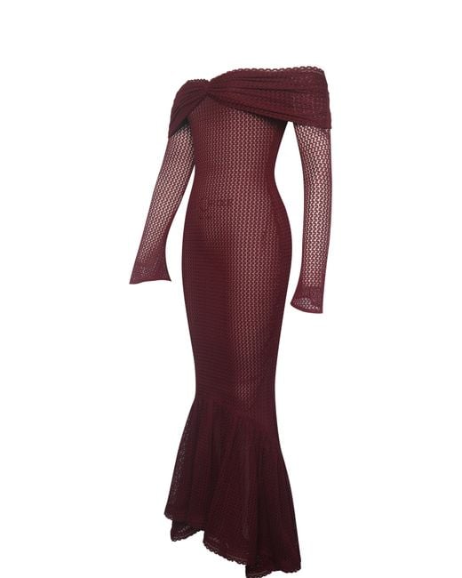 Miss Circle New York Purple Kaedyn Burgundy Off Shoulder Long Sleeve Crochet Mermaid Maxi Dress