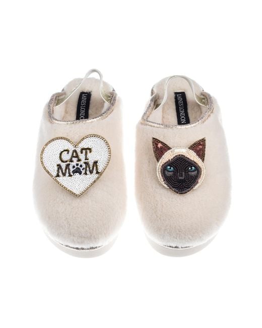 Laines London Metallic Neutrals Flatform Cloud Slippers With Siamese Cat & Cat Mum Mom Brooches