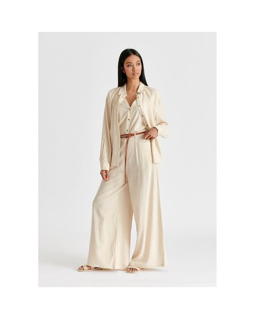 Paisie Natural Neutrals Linen Blend Wide Leg Trousers With Belt