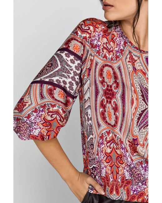 Conquista Red Print Top With Bishop Sleeves