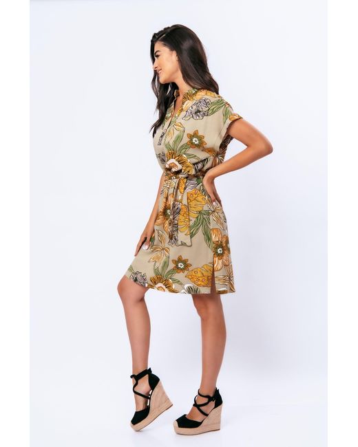 Conquista Metallic Linen Style Bold Floral Print Dress With Mandarin Collar