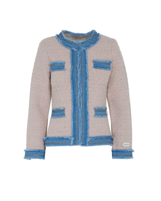 The Extreme Collection Blue Merino Wool And Alpaca Pink Tweed Jacket With Denim Trim Detail Cia