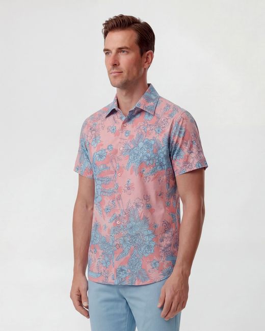 Lords of Harlech Blue Scott Mono Floral Coral Printed Button Up Shirt for men