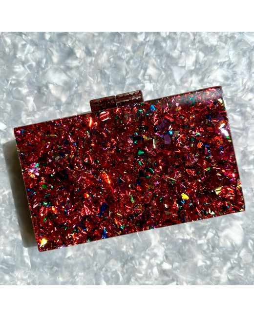 CLOSET REHAB Red Acrylic Party Box Purse In Hot Pink Glitter