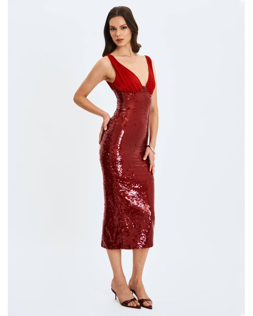 Miss Circle New York Red Shanelle Crimson Sequin Plunging Midi Dress