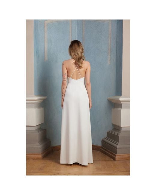 Nomi Fame White Aphrodite Draped Cowl Neck Evening Gown With Slit And Crossed Straps
