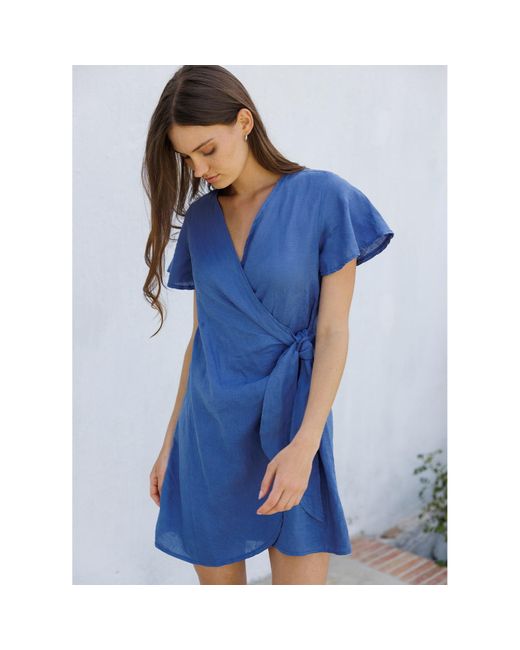 Larsen and Co Blue Pure Linen Lucca Wrap Dress In Cobalt