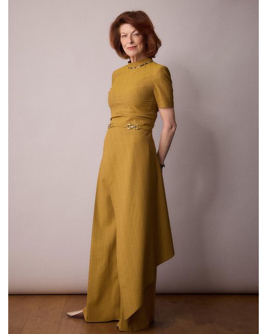 Amanda Thompson Couture Metallic Tilda Asymmetric Top/ Mustard Pinstripe