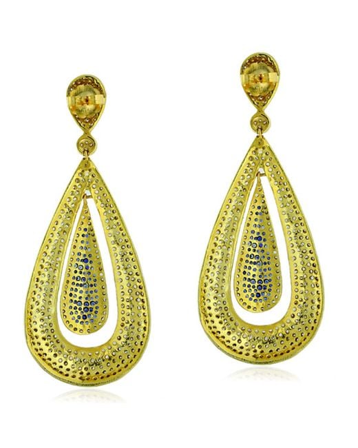 Artisan Blue Sapphire & Diamond Pave In 14k Gold With Silver Drop Vintage Dangle Earrings