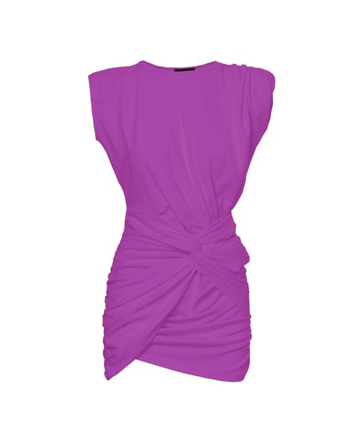 BLUZAT Purple Mini Dress With One Draped Shoulders And Pleats