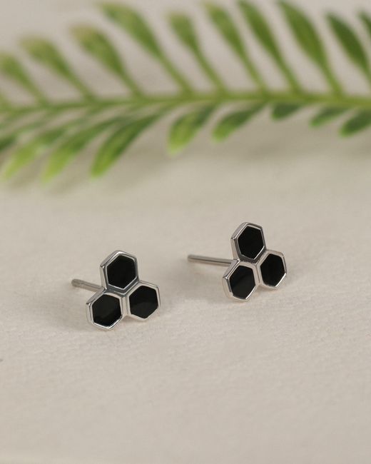 The Jewelz Black Triple Hexagon Enamel Stud Earrings for men