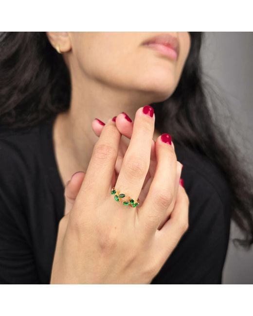 Harfi Green Open Leaf Emerald Gemstone May Birthstone Vermeil Ring