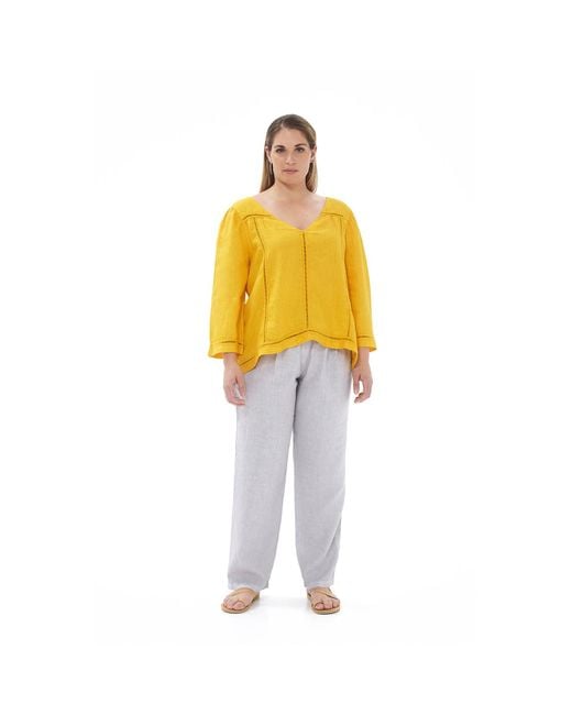 Haris Cotton Yellow Guipure Lace Insert Linen Blouse With V Neck