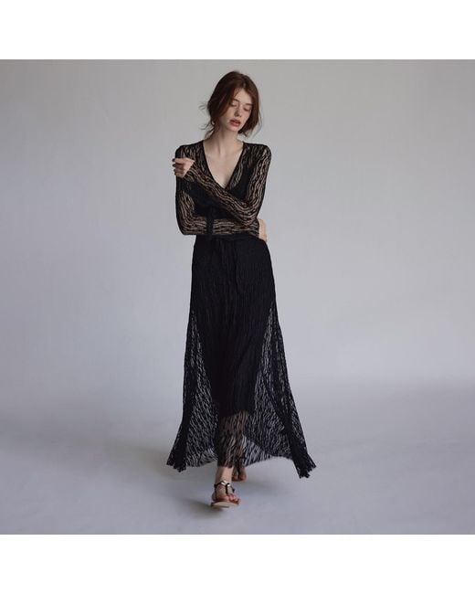 Belsize25 Black Trumpet Dress Flared Sleeve Sheer Lace Knit Dress