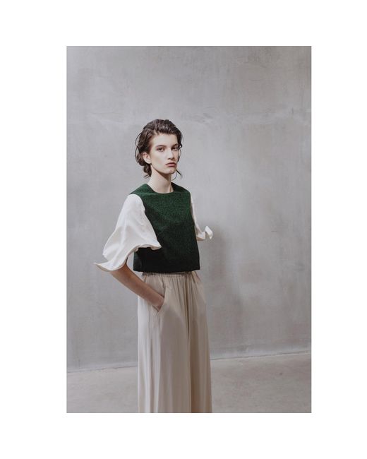 Julia Allert Green Lurex Knit Top With Adjustable Satin Sleeves