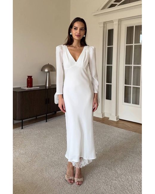 POST MERIDIEM White Fitted Midi Dress With Lace
