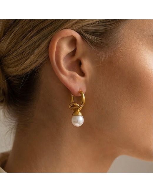 Divine Aria Metallic Pearl Knot Huggie Hoop Earrings