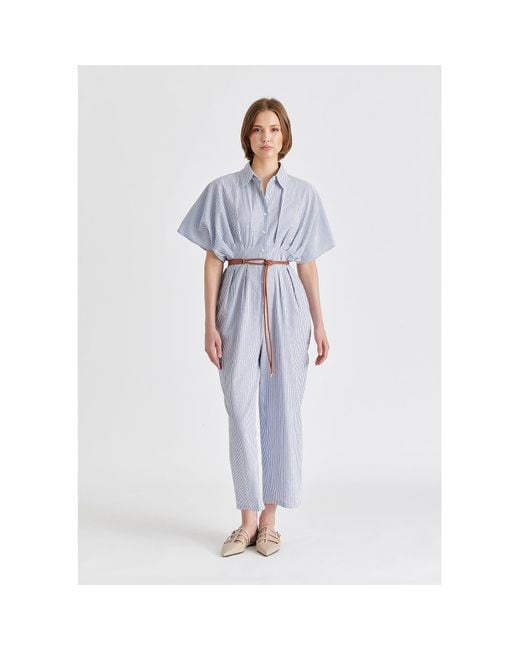Paisie Blue Striped Jumpsuit With Waist Pleats