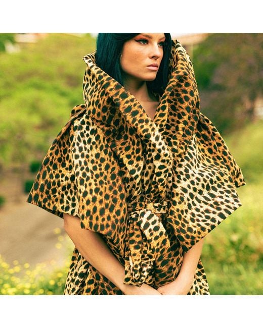 Miro Misljen Brown Leopard Print Dramatic Wrap Cape Coat