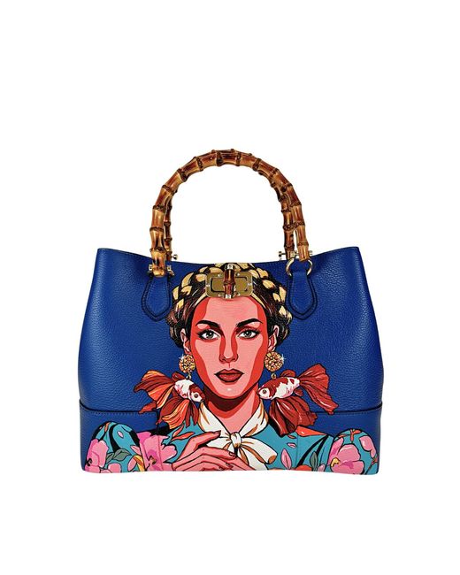 Maison Rubaiyat Blue Bamboo Chic Hand-Painted Leather Bag