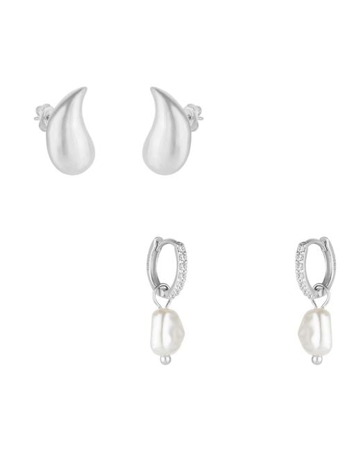 Spero London Metallic Pear Teardrop And Huggie Pearl Drop Earrings