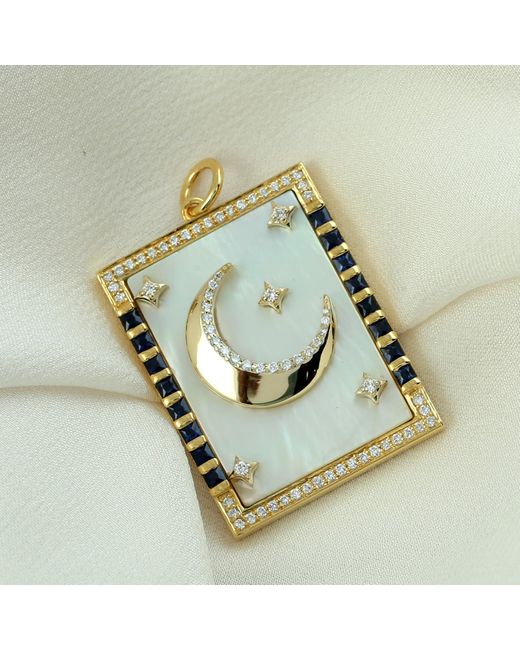 Artisan Metallic Mother Of Pearl & Blue Sapphire With Diamond In 14k Gold Crescent Moon Star Tarot Card Pendant