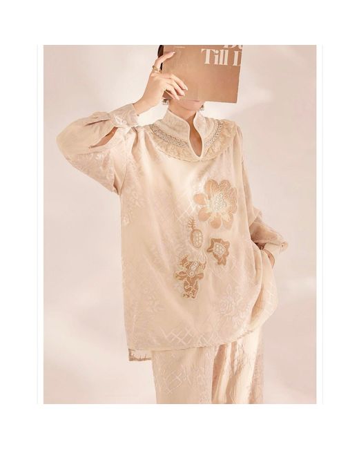 Wjy Studio London Natural Neutrals Embroidered Detail Floral Tunic