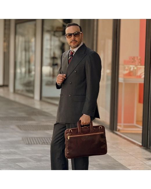 Time Resistance Brown Leather Briefcase Laptop Bag for men