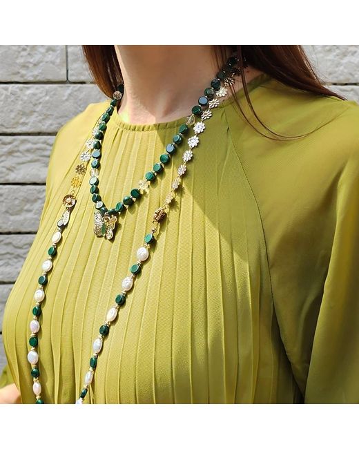 Farra Metallic Coin Shaped Malachite And Freshwater Pearls With Flower Chain Versatile Necklace