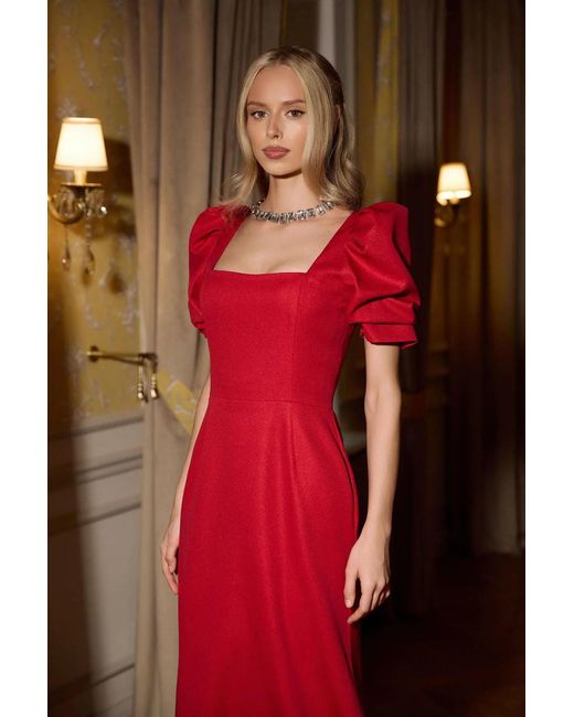 POST MERIDIEM Red Godet Silhouette Square Neck Midi Dress