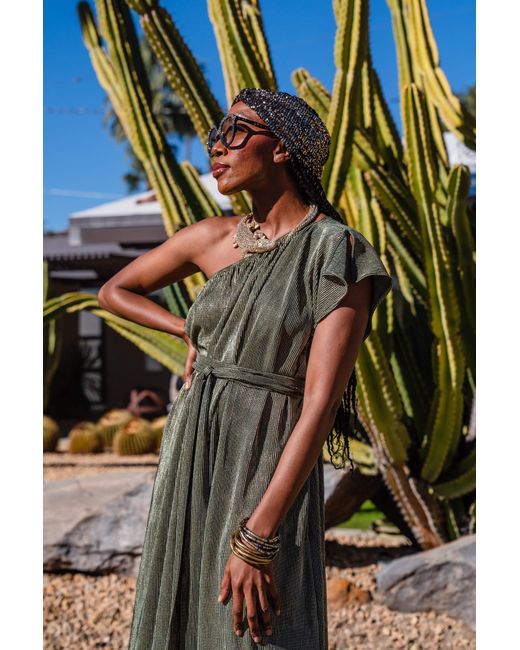 Jennafer Grace Green Electrum Slink Pleated One-Shoulder Maxi Dress