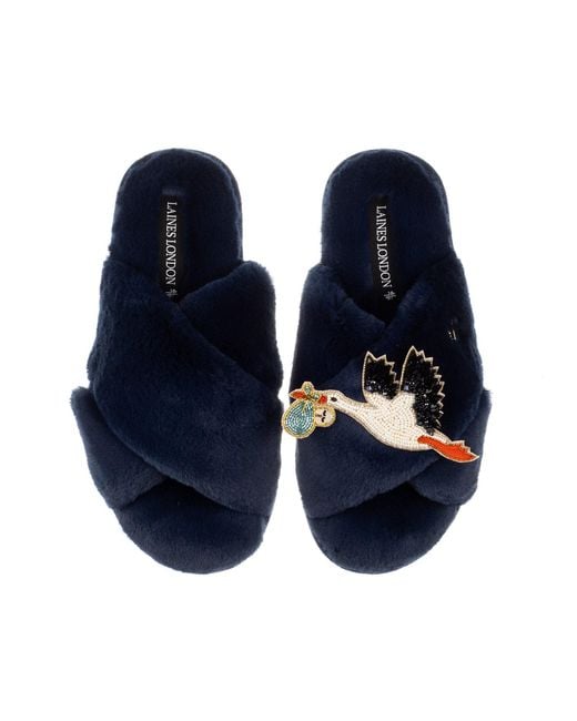 Laines London Blue Classic Laines Slippers With Baby Boy Stork Brooch