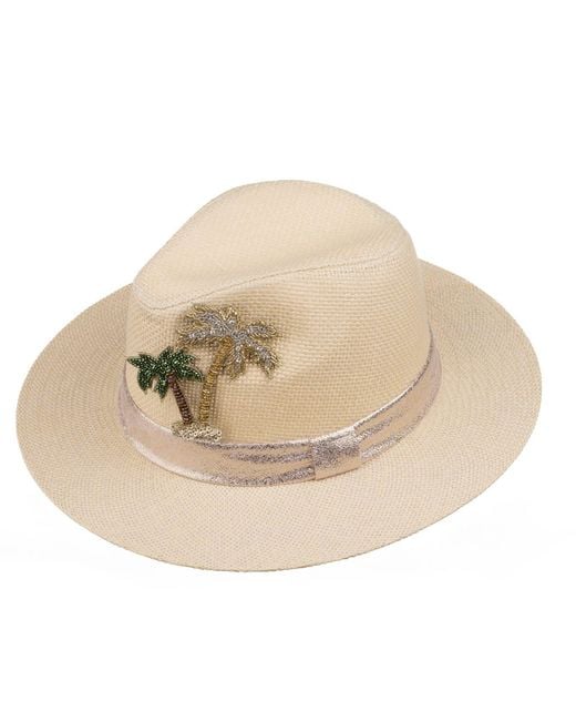 Laines London Natural Neutrals Straw Woven Hat With Embellished Couture Palm Tree Brooch